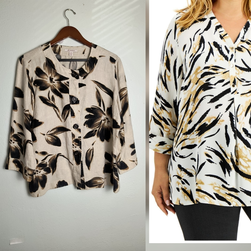 JM Collection Size 16 Linen 3/4 Sleeve Boxy Blouse with Mandarin Collar